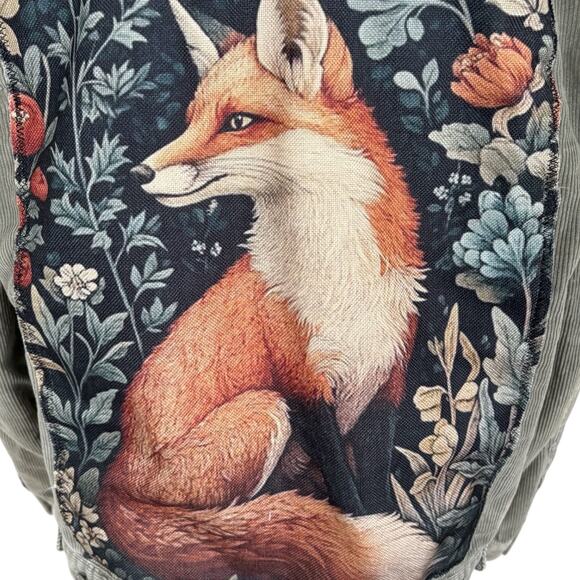 Upcycled Faux Fur Collar Corduroy Jacket Fox Art Back Whimsigoth Cottagecore L - Picture 2 of 6